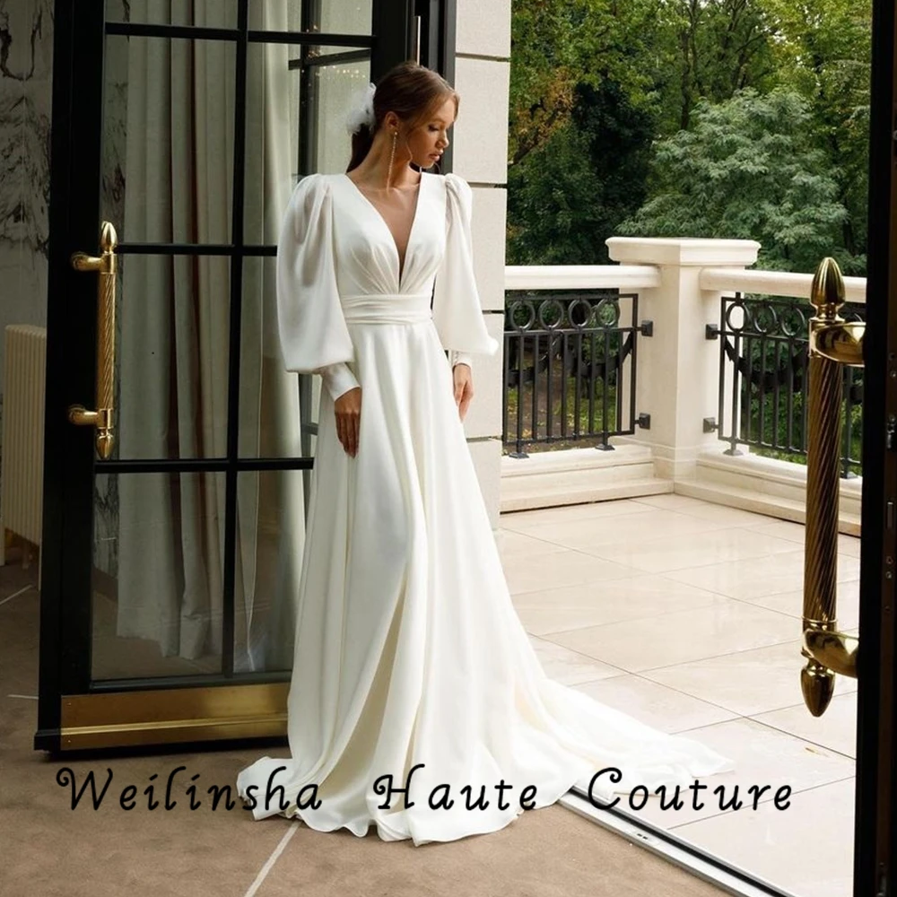 

Weilinsha Full Sleeve V Neck Wedding Dresses with Jersey 2022 Ivory Sashes Cap Charming Bridal Gowns Robe De Mariée 2023