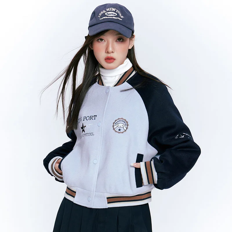 

Kawaii Sanrioed Anime New Cinnamoroll Kuromi Pom Pom Purin Thick Round Neck Ladies Jacket Cartoon Loose Baseball Uniform