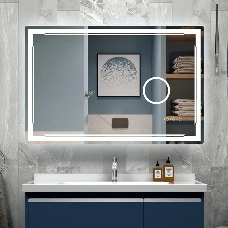 48''x30'' LED Bathroom Mirror with Built-in Bluetooth Speaker and 3X Magnifier -Smart Lighted Vanity Makeup Wall Mounted Mirrors