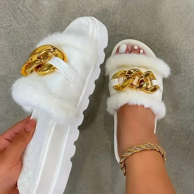 

New Winter Plush Slippers Fashion Open Toe Solid Color Women's Sandals Metal Chain Outdoor Casual Women's Shoes Fashion Shoes
