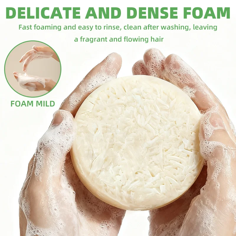 Solid shampoo bar with super rice water protein, suitable for frizzy and fragile hair, gently cleanses.