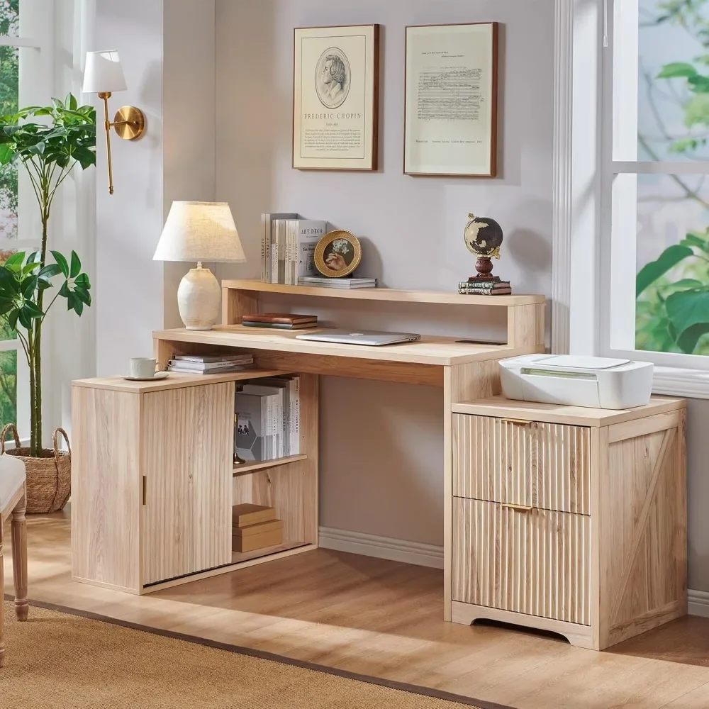67" Modern L Shaped Desk with Storage Cabinet & Drawers, Wood Home Office Desk with Power Outlets, Fluted Computer Wr 3