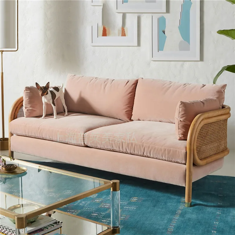 

Nordic Internet Celebrity Solid Wood Rattan Double Three-Seat Sofa Simple Rattan Leisure Couch