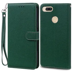 Leather Wallet Flip Case - Elegant Protective Cover with Bumper Coque and Storage Pockets for Mi 5X - Mi A1 (Dark Green -Strap)