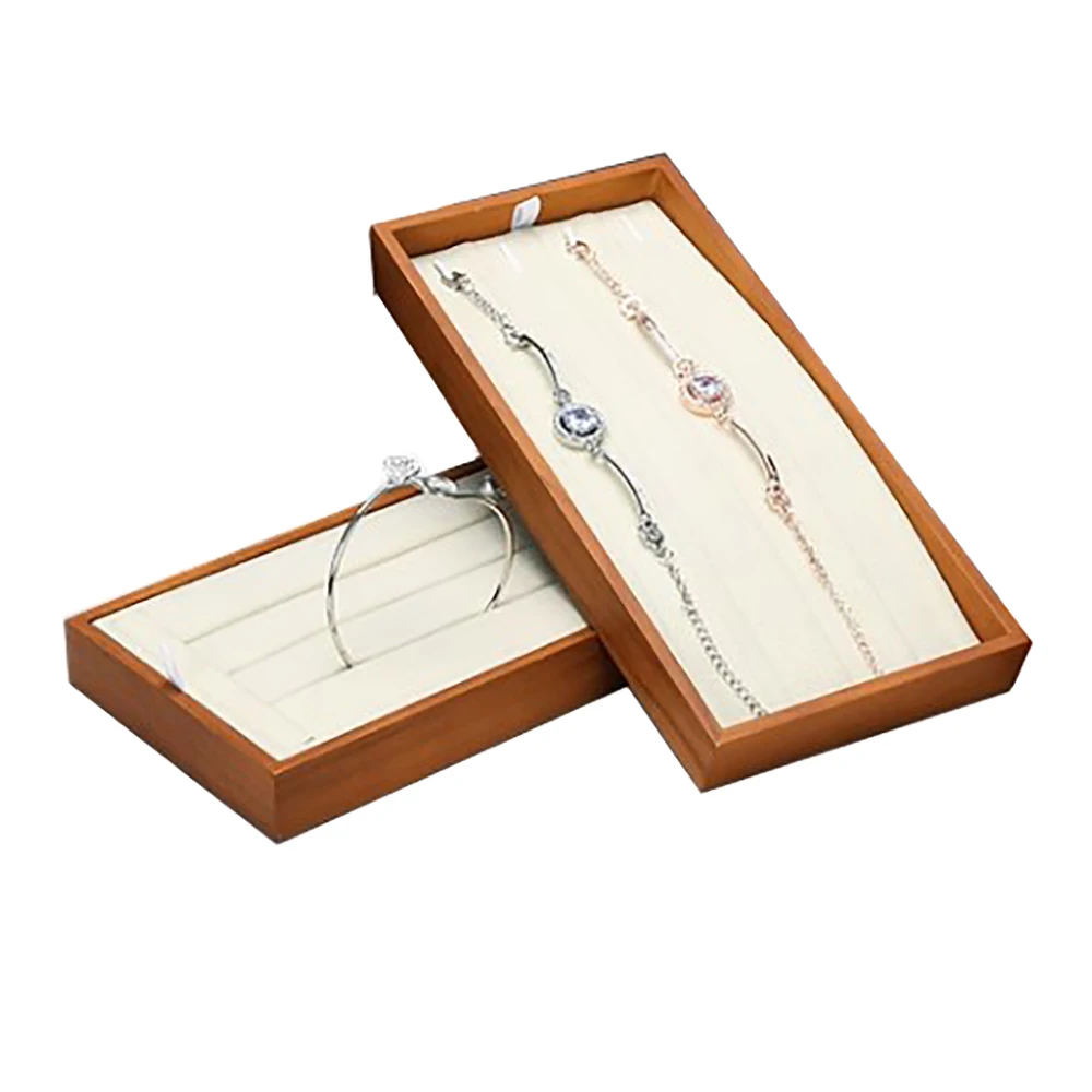 

Beige Ring Jewelry Storage Box Microfiber Necklace Earring Display Holder Wood Bracelete Pendant Piercing Jewelry Organizer Tray