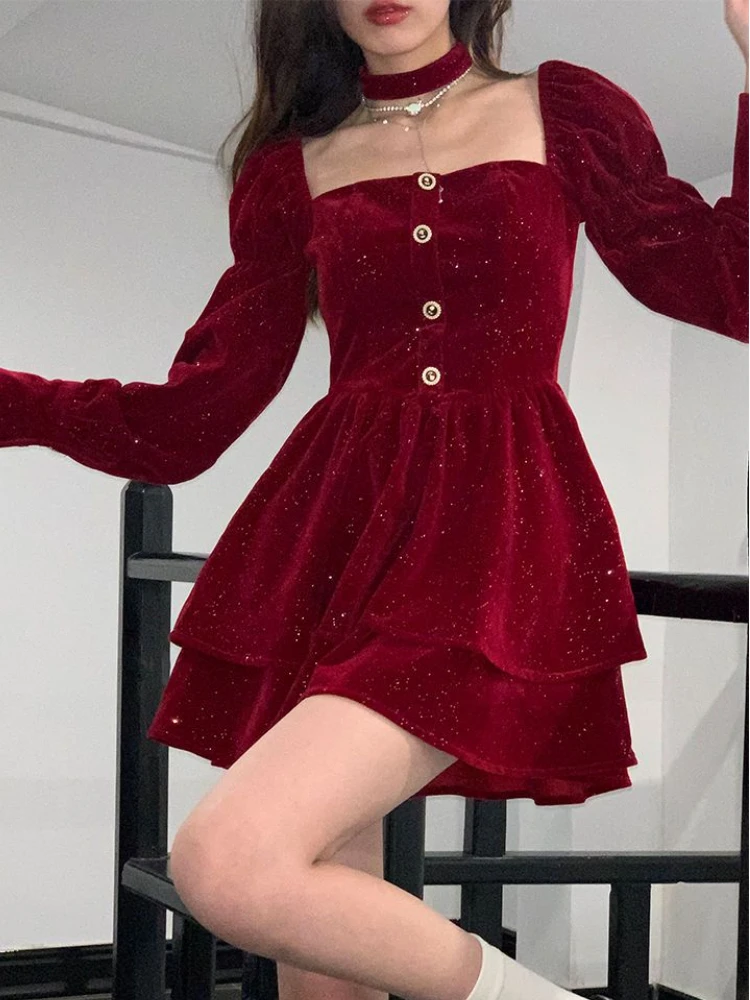 

Deeptown Korean Style Red Christmas Dress Women Elegant Long Sleeve Tunic Evening Dresses Fairy Velvet Birthday Vestidos Winter
