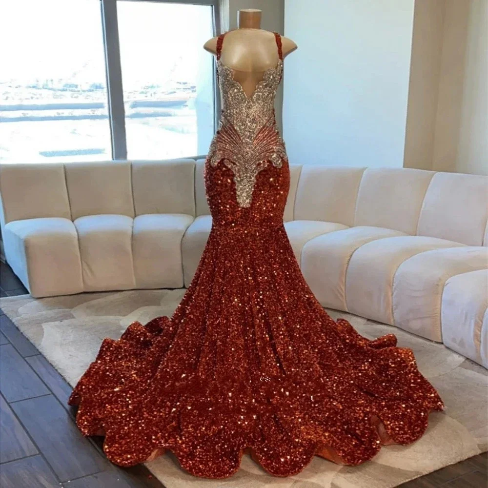 Sequins Long Prom Dresses For Black Girls Sparkly Beaded Birthday Party Dresses African Evening Gown Robe De Customized