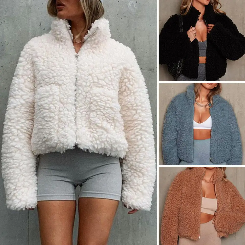 

Women Coat Cozy Stand Collar Winter Coat Thick Plush Resistant Lady Jacket with Zipper Closure Pockets Women Faux Lambswool