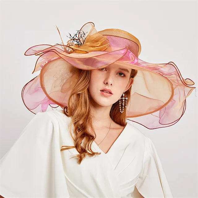 Flower Decor Wide Brim Organza Hat Thin Elegant Sun Cap Fashion Accessories 1