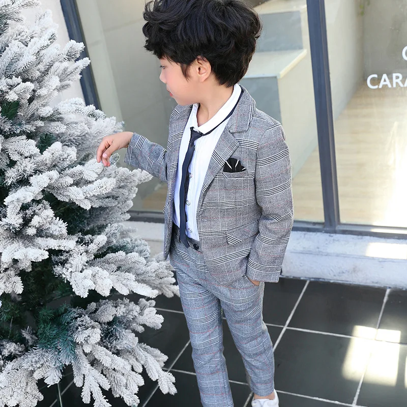 Formal Children Plaid Dress Suit Set Boy Wedding Party Catwalk Piano Performance Costume Kids Plaid Blazer Pants Clo