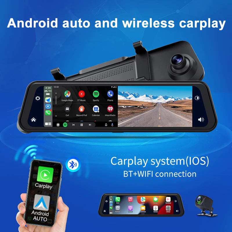 

11.8" IPS Wireless Carplay & Android Auto Car Rearview Mirror HD 2K 1080P DVR Video Recorder WiFi GPS Navigation Mirror Camera