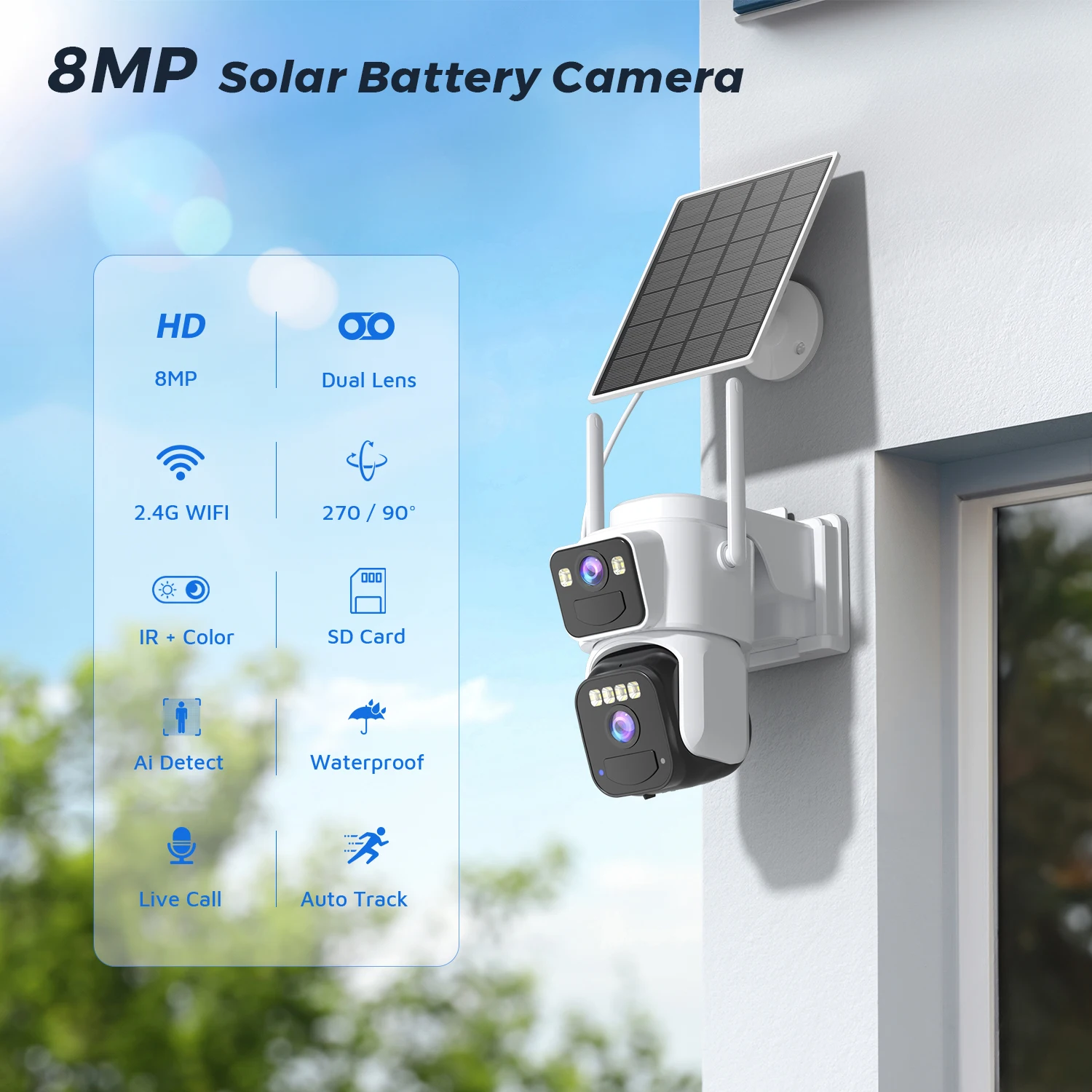 Wireless Solar IP Camera with Dual Lens and AI Person Detection