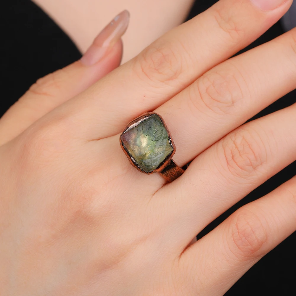 Natural Green Fluorite Raw Stone Vintage Adjustable Ring Antique Copper Electroplating Boho Unique Jewelry Women's Party Gifts 6