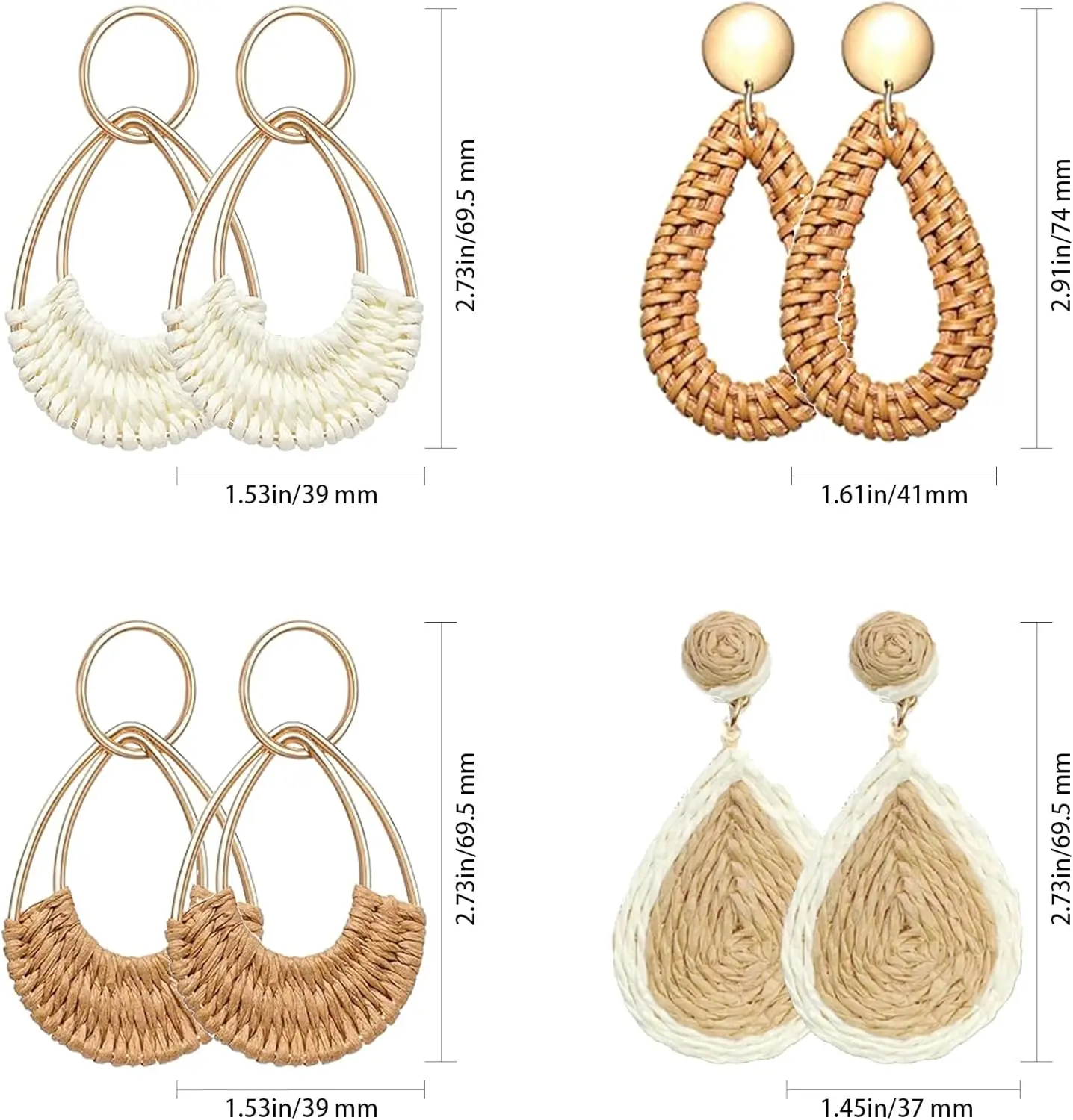 Orecchini pendenti bohémien fatti a mano in rattan di paglia geometrica in rafia per donne ragazze estate spiaggia gioielli grandi orecchini, Misura unica, Rattan