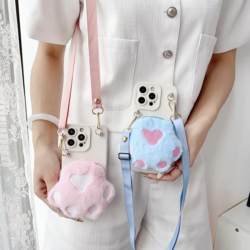 Plush Cat Paws Wallet Case with Rope - Enhanced Design
