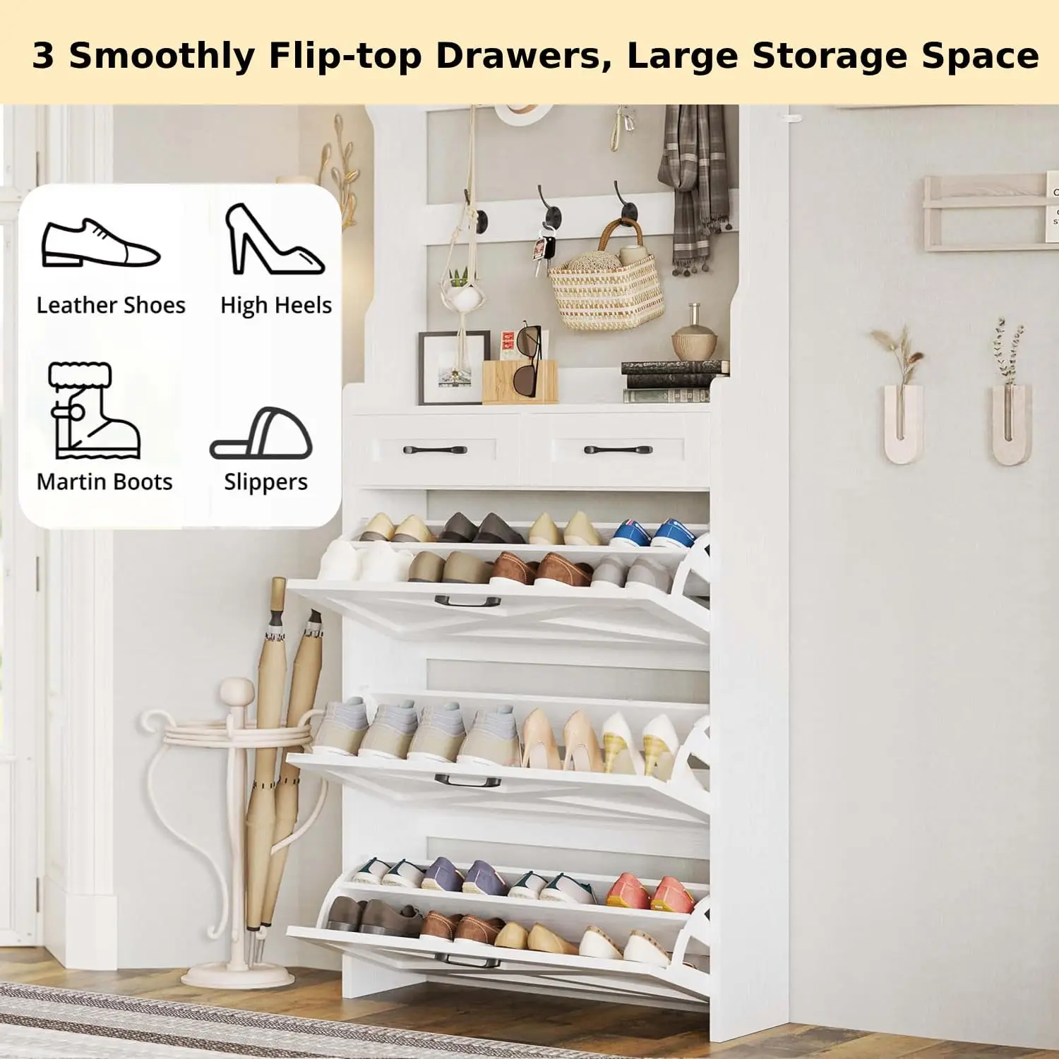 3 Flip Drawers & Coat Rack, Freestanding Wood Shoe Storage Organizer for Entryway, Hidden Narrow Shoe Rack Cabinet Organizer