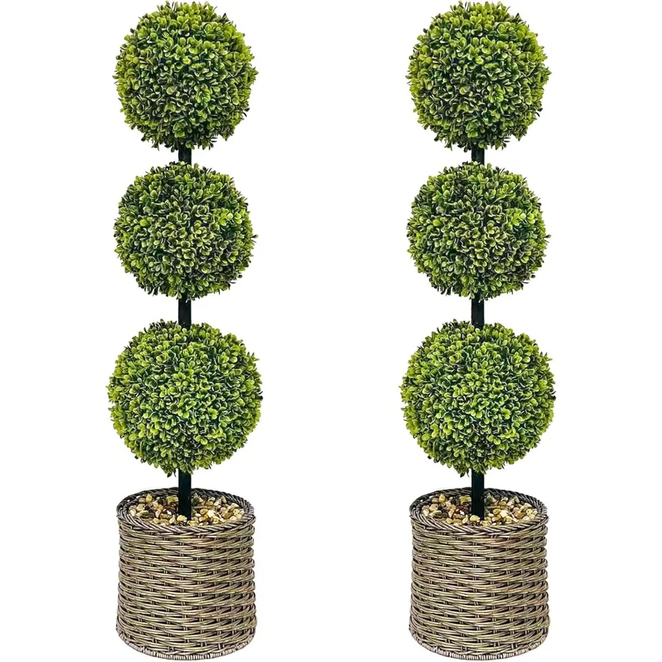 Artificial Triple Ball Boxwood Topiary Trees Set