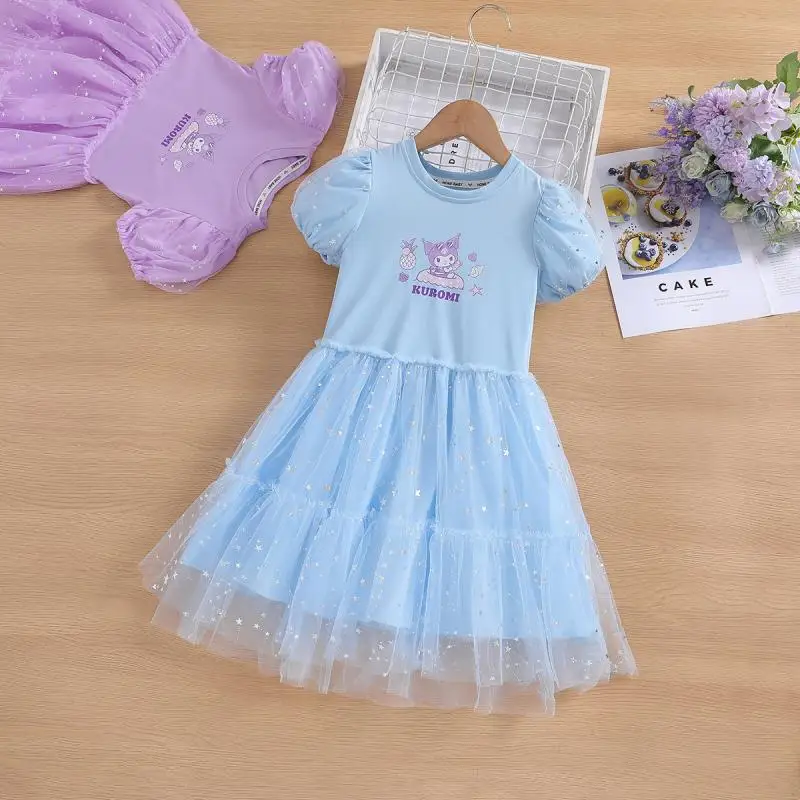 

Kawaii Sanrios, хлопковое детское платье Kuromi, летнее Повседневное платье принцессы, аниме, свободная сетчатая юбка, милая плиссированная юбка, подарок для девочки