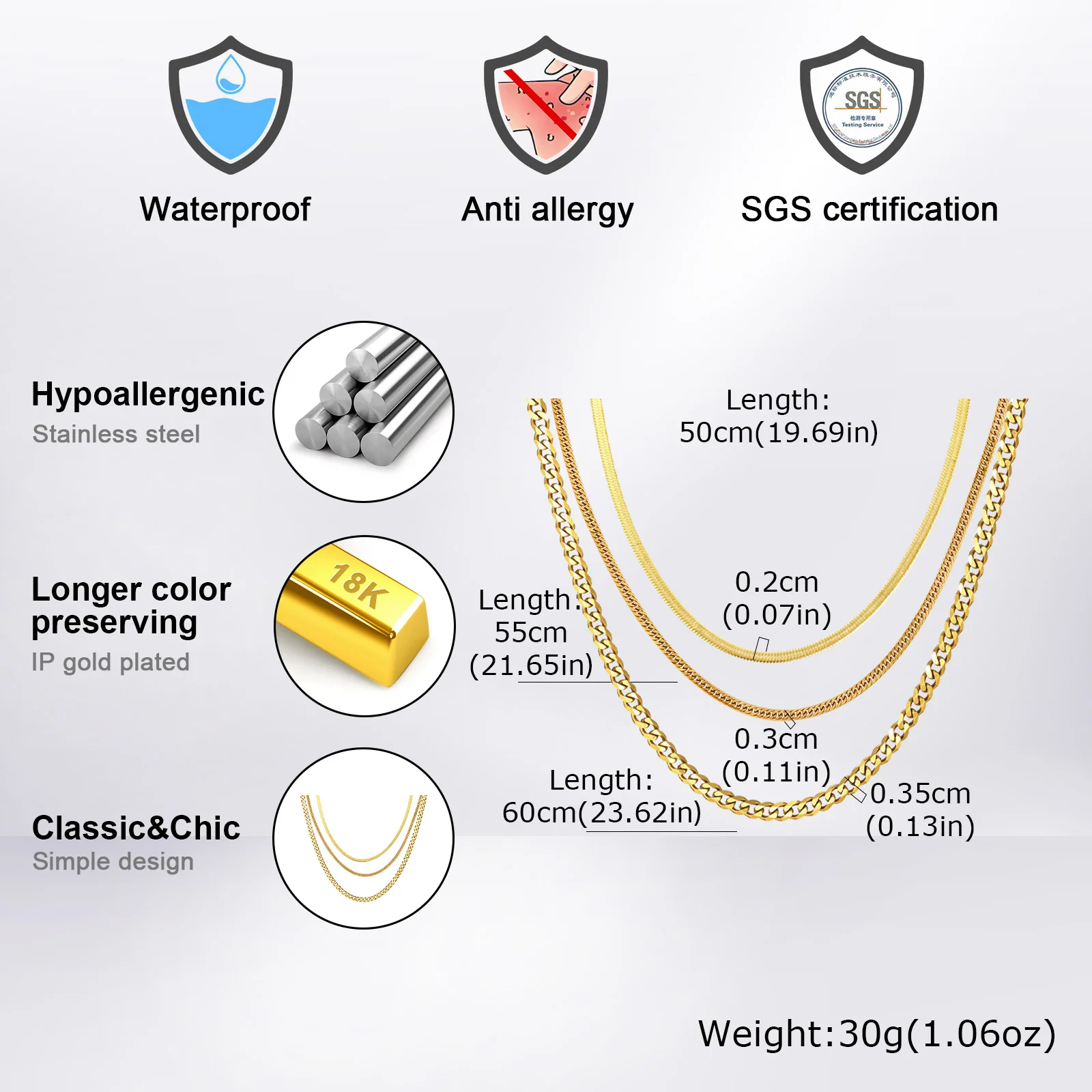 Vnox 50/55/60cm Ketten-Halsketten-Set, Silber-Gold-Farbener Edelstahl-Basis-Halsreif, 3-teiliges Set Halsketten-Schmuck Geschenk für Männer und Frauen – Detail 10