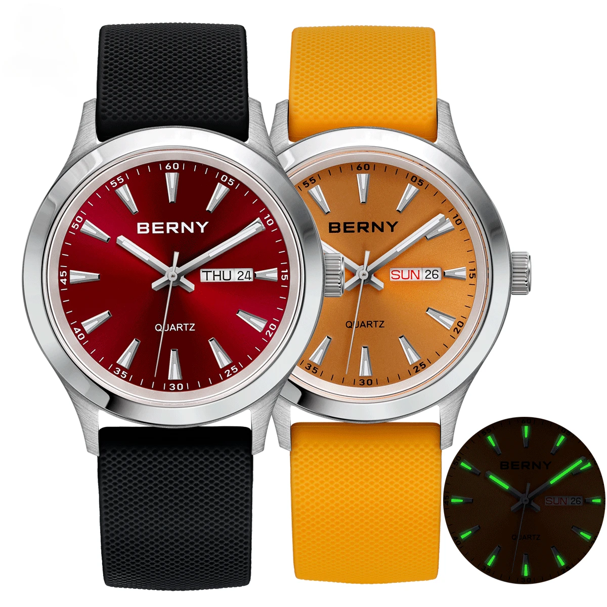 BERNY Luminous Men Quartz Watch Calendar Texture Dial Waterproof Wristwatches Stainless Steel Silicone Miyota 2105 Watch for Men