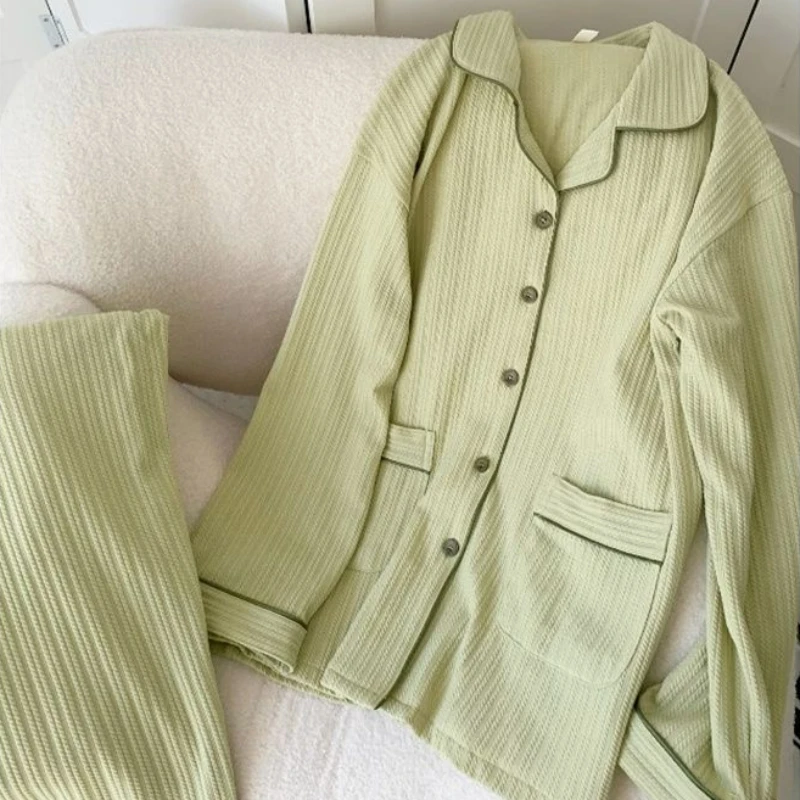 Simple Long Sleeve Pajamas Set 2024 Spring Autumn Women High-Grade Pure Cotton Striped Homewear Suit Casual Large Size Sleepwear