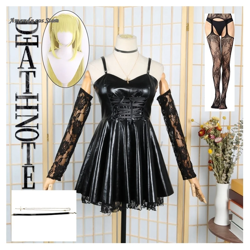 

Y2K cosplay anime Death Note Cosplay Costume Amane Misa Imitation Leather Sexy Dress +gloves+stockings+necklace Uniform Outfit