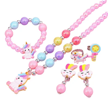 Unicorn Kids Jewelry Set 6pcs Elastic Necklace Bracelet Clip on Earrings Rings for Little Girls Birthday Dressup Costume 1