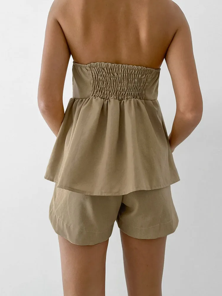 Tossy Fashion Smocked Tank Top Shorts 2-piece Pant Suit Women's Casual Short Sleeveless Tube Top Solid Color Women's Pant Suit
