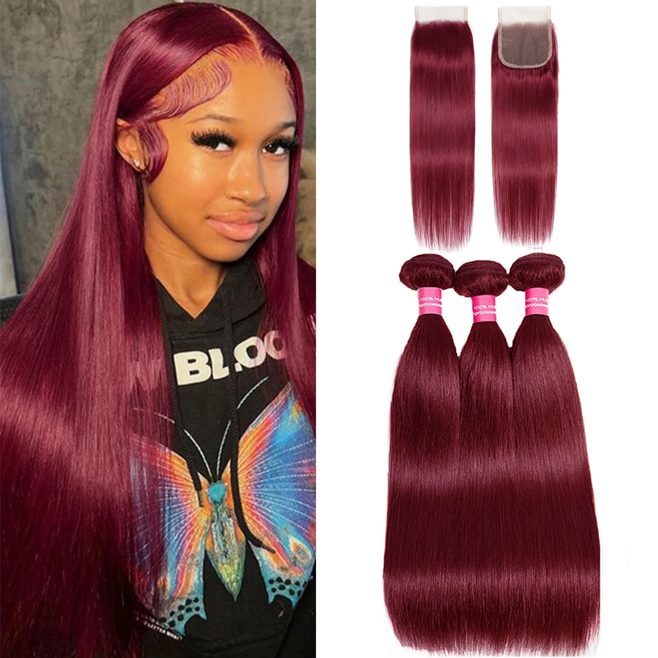 99J Straight Human Hair Bundles With 4x4 Closure Human Hair Bundles