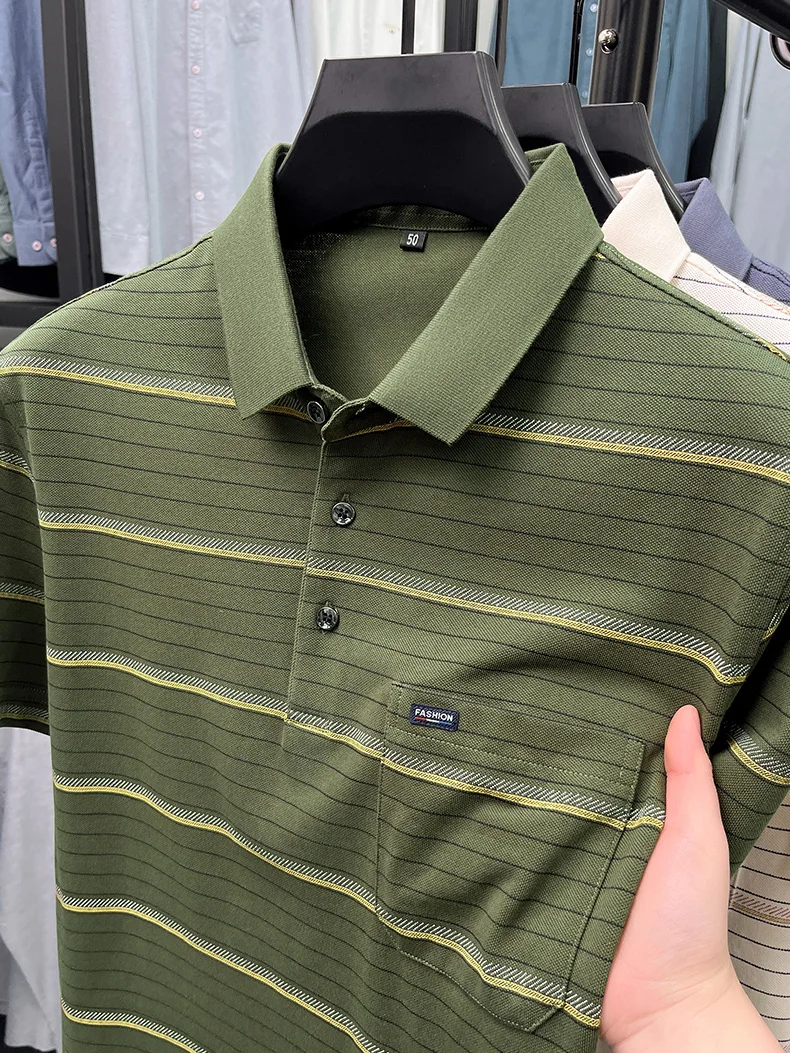 High quality stripe men short sleeve polo shirt light luxury pocket comfort breathable summer silky cotton casual lapel T-shirt 21 S5ff4077c9bc04e8aa4703a1c5aa19ce3t