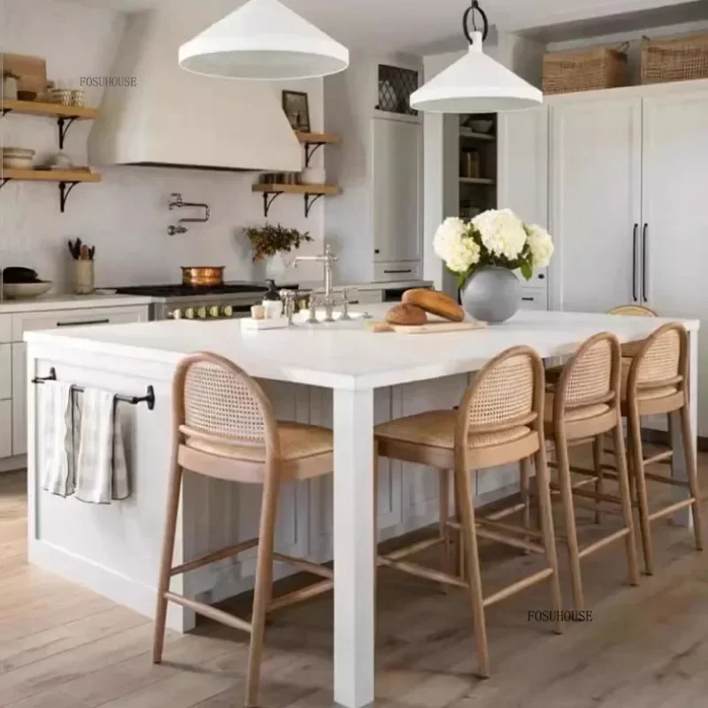Luxury Woven Rattan Bar Chairs Commercial Barstools Modern Home Furniture Nordic Minimalist Solid Wood Kitchen High Stool H l
