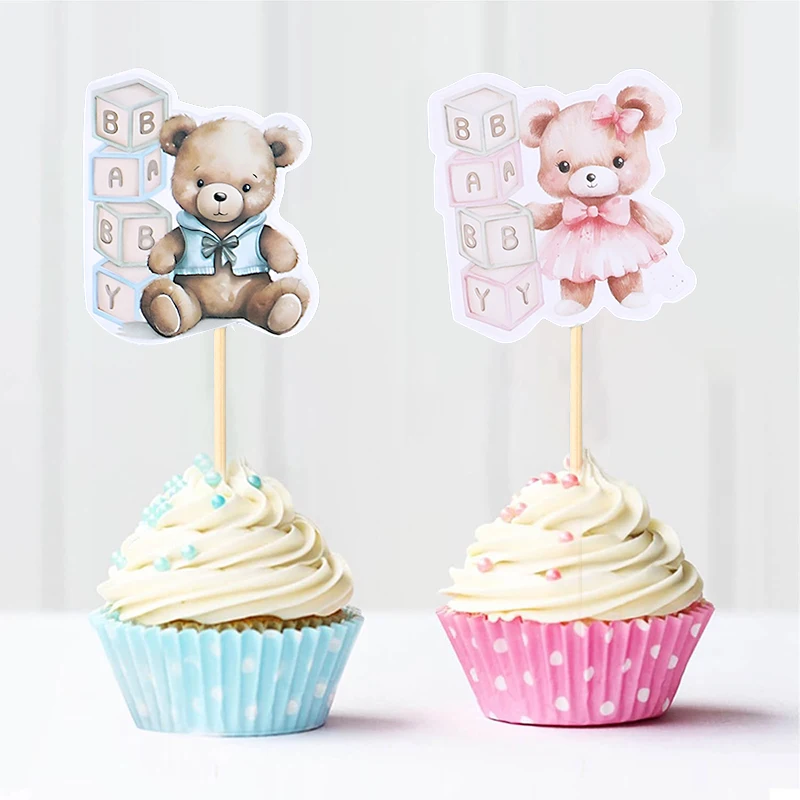 12/24 Stück Cupcake-Topper mit Cartoon-Bär für Kinder, Jungen, Mädchen, 1. Geburtstag, Party, Kuchen, DIY-Dekoration, blau, rosa, Babyparty-Gefälligkeiten – Detail 9