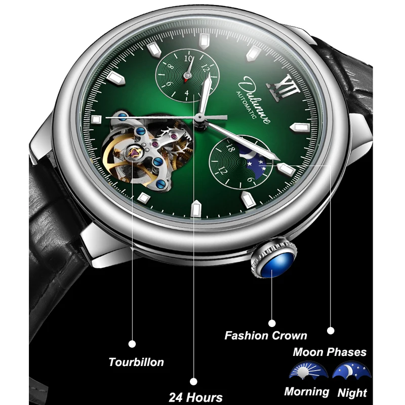 New Luxury Men Mechanical Wristwatches 3ATM Waterproof Automatic Watch Moon Phase Tourbillon Sports Watch for Men Reloj Hombre