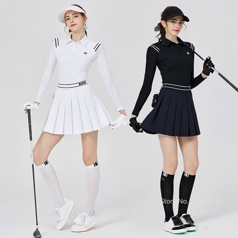 Golf Polo Shirts Women Long-sleeved T-shirt Ice Silk Sunscren Top Pleated Skirt High Waist Golf Skirts Bag New Blktee