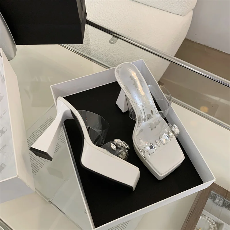 Women PVC Transparent Open Toe Woman Slippers Ladies Fashion Crystal Thick High Heel Summer Ladies Shoes Zapatillas De Mujer