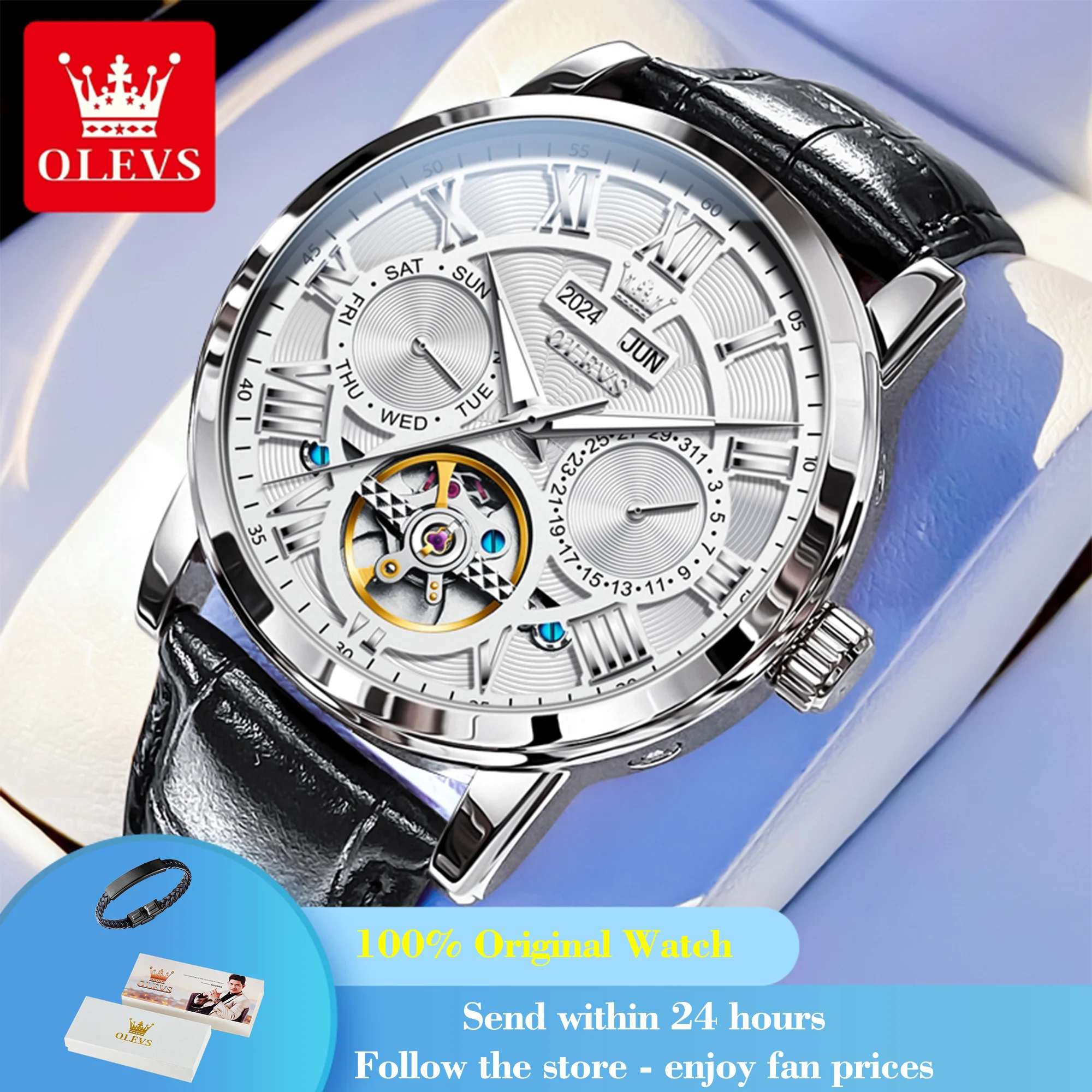 OLEVS 6668 Classic Hollow Skeleton Mechanical Watch For Men Roman Scale Leather Business Man Watches Date Waterproof Wristwatch mechanical watch