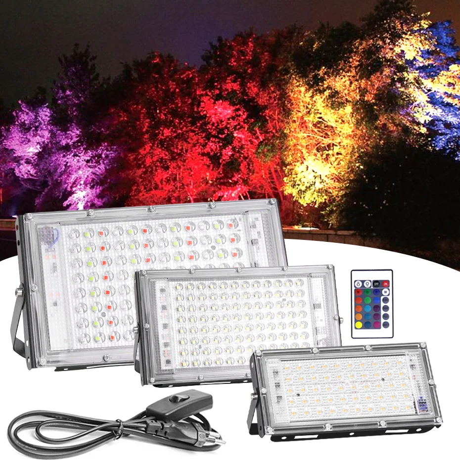 

RGB Светодиодный прожектор 220 В RGBW RGBWW IP65, водонепроницаемый уличный светильник 50 Вт 100 Вт, уличный фонарь с ИК-пультом дистанционного управления 24 клавиши