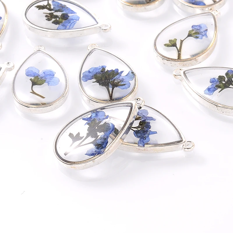 2Pcs Classic Drop Shape Dried Flower Pendant Charm Rose Dried Flower