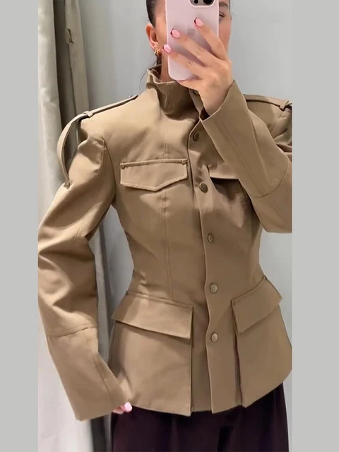 Women's Khaki Stand Collar Jacket Fashion Long Sleeve Single Breasted Pockets Waist Fit Coat Lady 2026 Spring Chic Streetwear 1