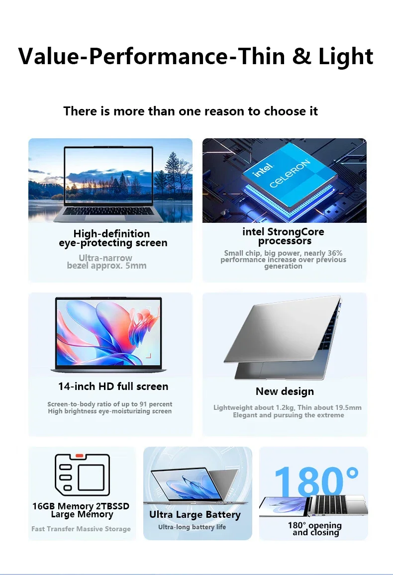 LENO 14.1″ Ultra Slim Laptop Windows11 16GB RAM 2TB SSD Intel N3700 Notebook Gamer 1920*1080 Display Office Study Computer PC