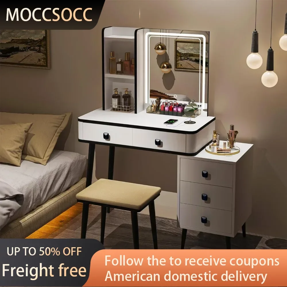 

White Dressing Table With Lots Storage 3 Lighting Modes Dresser Makeup Vanity With Charging Station Vanity Desk Set Bedroom Home