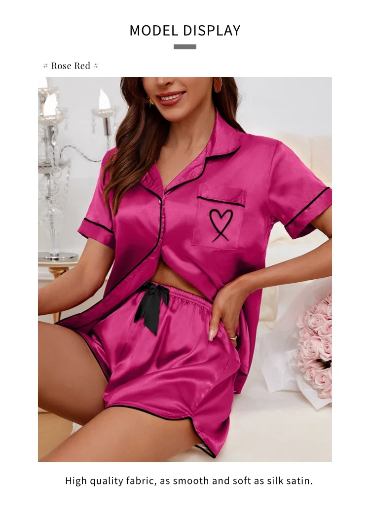 Damen-Pyjama-Lounge-Set, herzbestickte Tasche, gepatcht, Nachtwäsche, Button-Down-Kurzarm-Top und Shorts, Pyjama-Hauskleidung – Detail 5