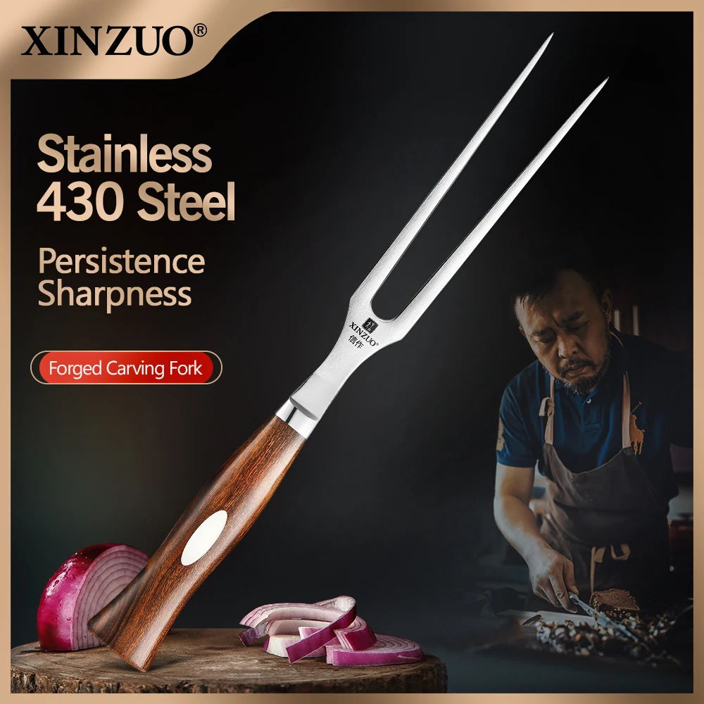 Xinzuo 1PCS Carving Fork 430 Stainless Steel Camping Cooking Western Food Kitchen Tableware North America Desert Ironwood Handle