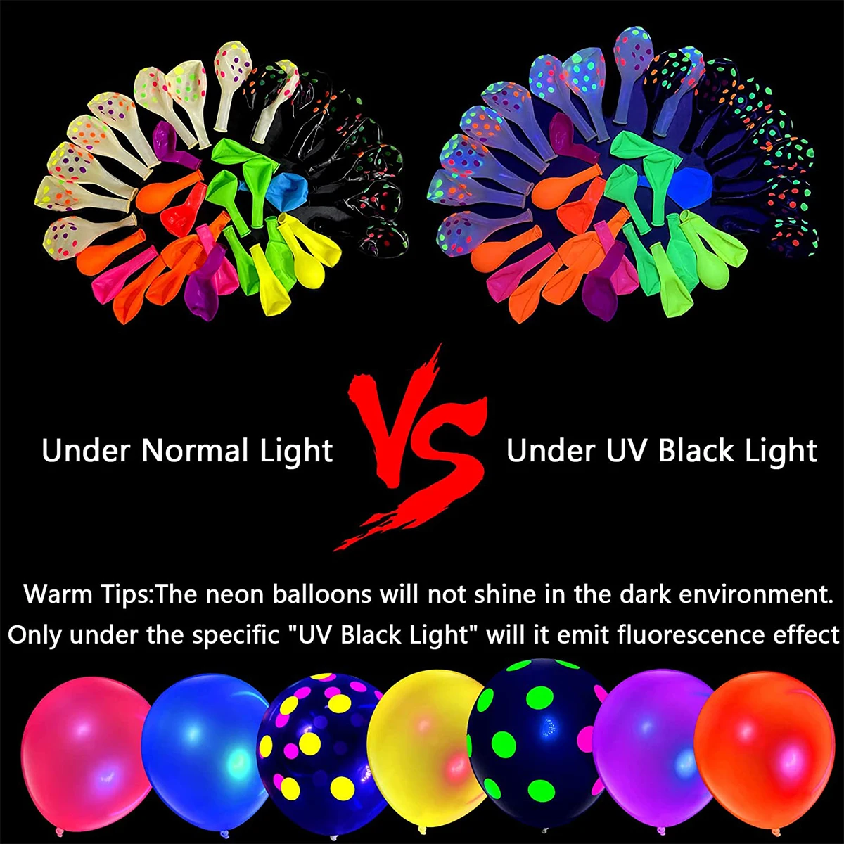 90Pcs Neon Balloons 12'' UV Neon Glow Balloons Reusable Polka Dot Blacklight Glow in the Dark Latex Balloon Blacklight
