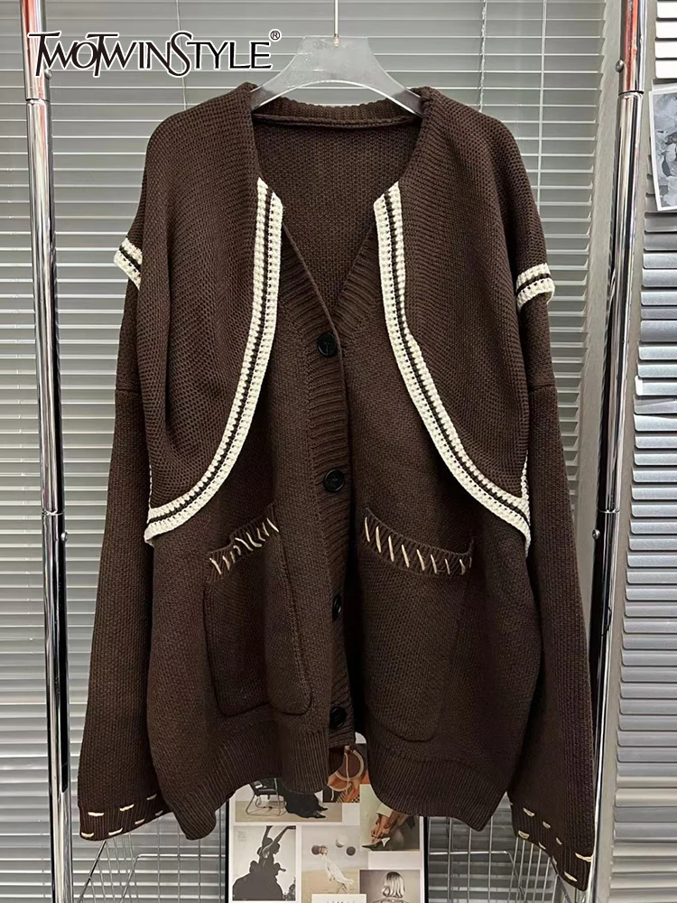 

TWOTWINSTYLE Loose Knitting Sweater For Women V Neck Long Sleeve Patchwork Shawl Single Breasted Cardigan Female Clothing 2022