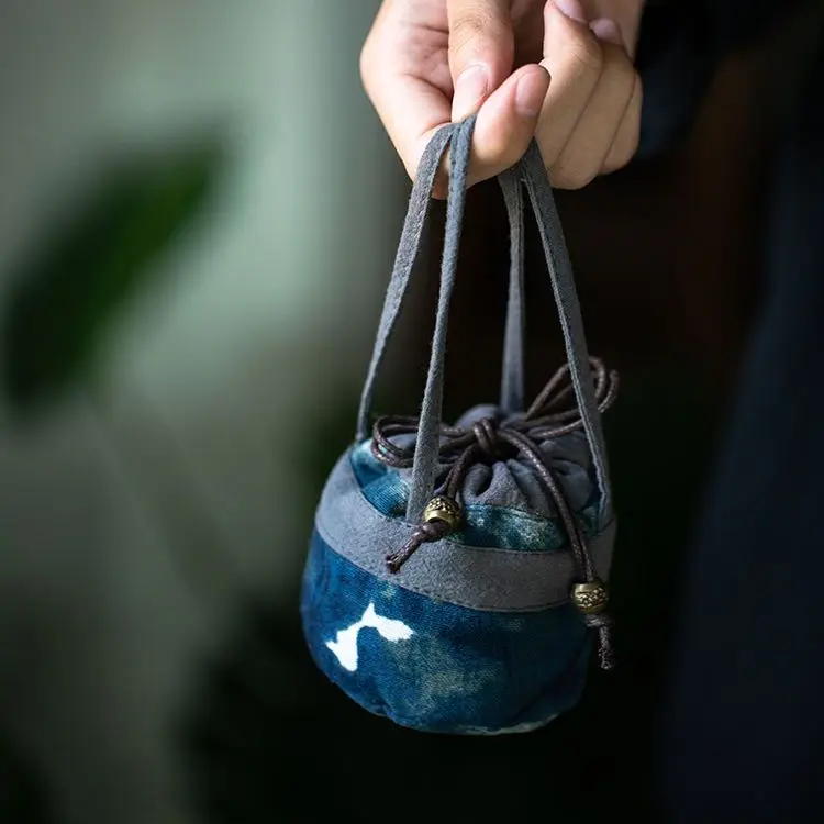 Chinese Style Tea Ceremony Master's Single Cup Storage Bag Cotton Cloth Ink Batik Three-layer Sewing Mini Cloth Tea Bag ZD48