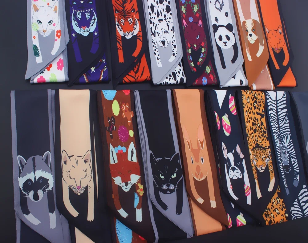 Tiermuster Damen Seidenschal Dünn Schmal Bindung Taschengriff Kleiner Seidenschal Tasche Handtaschengriff Band Schal Haar Kopfband – Detail 4