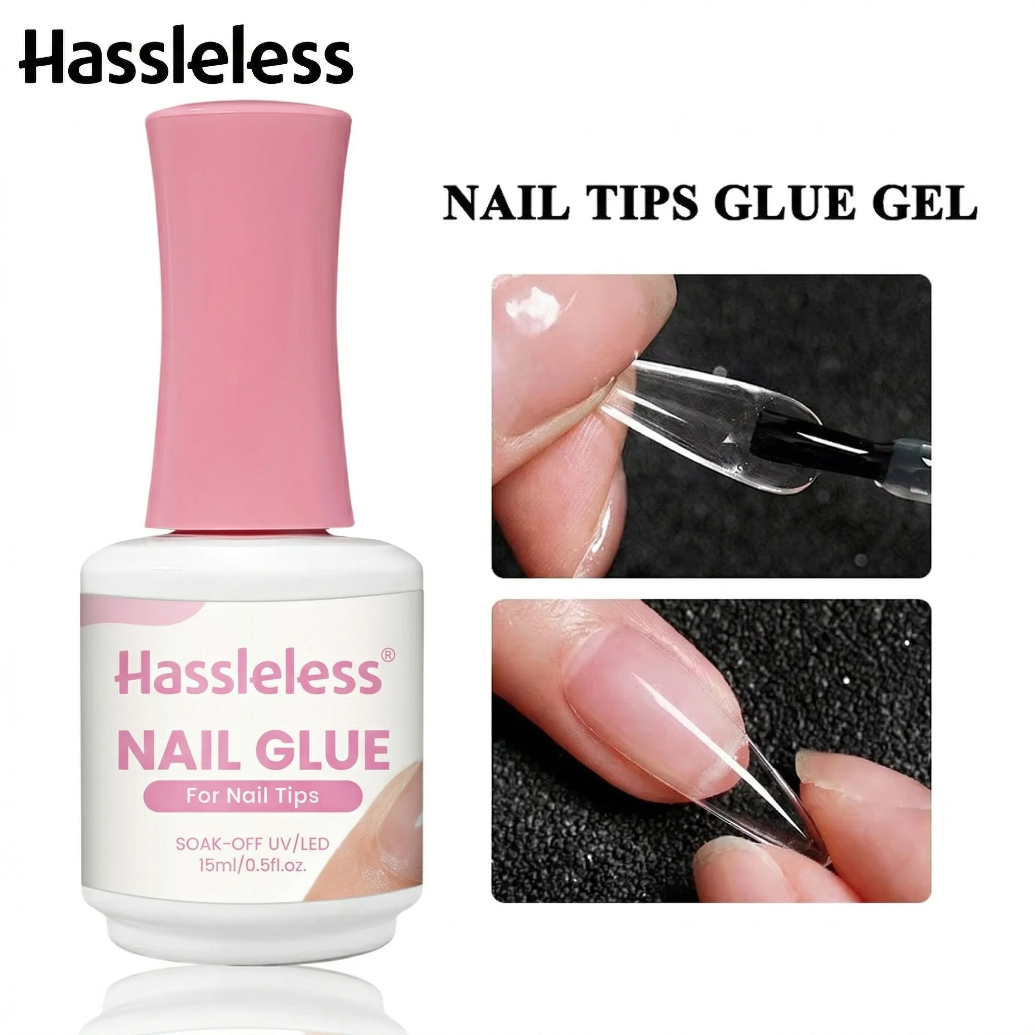 Colla professionale per unghie Hassleless, 15 ml — Adesivo specializzato per unghie artificiali, forte fissatore per punte delle unghie (richiede lampada UV/LED)