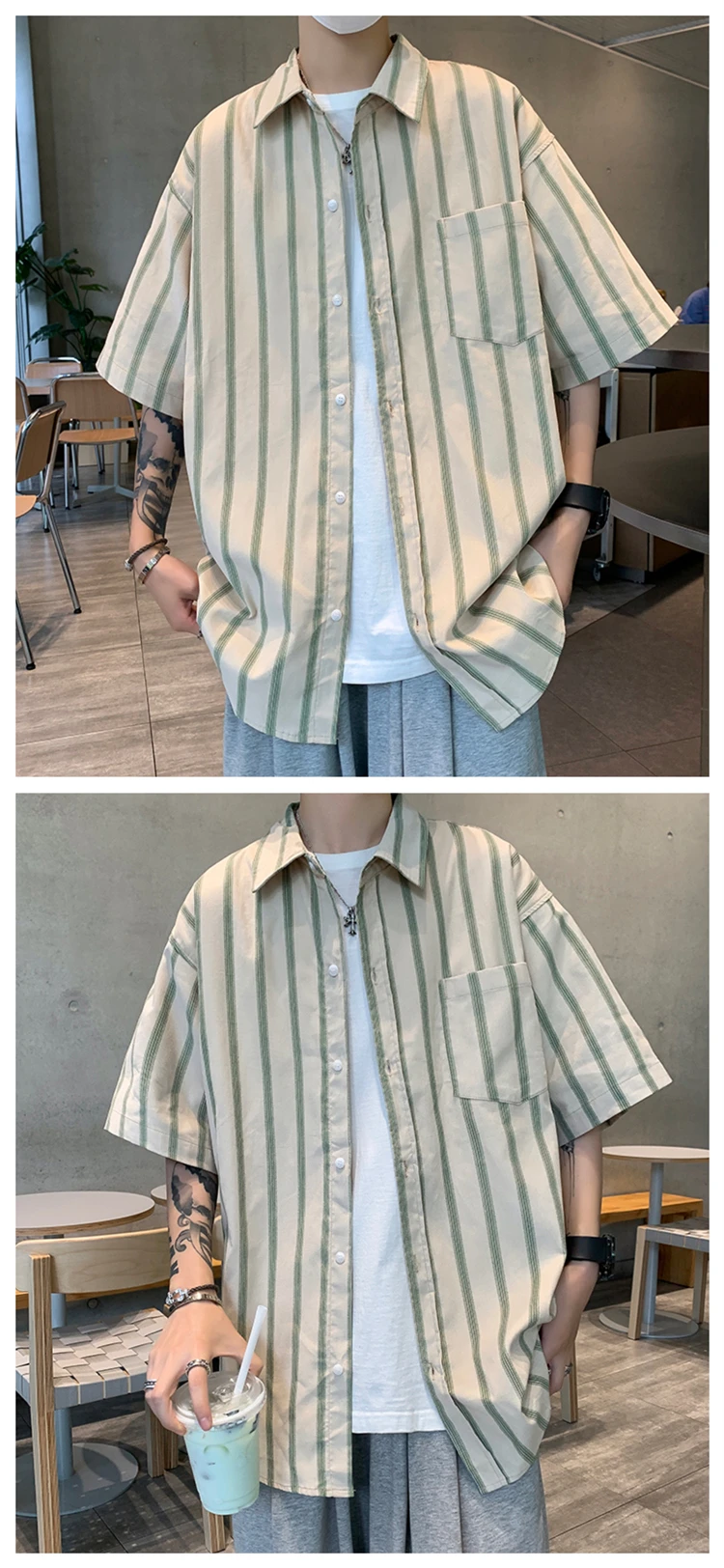 Description Picture 2 of itemSummer Fashion Short Sleeve Shirt Men Striped Slim Fit Male Social Business Dress Shirt Brand Men Gym Fitness Sport Clothing Z36