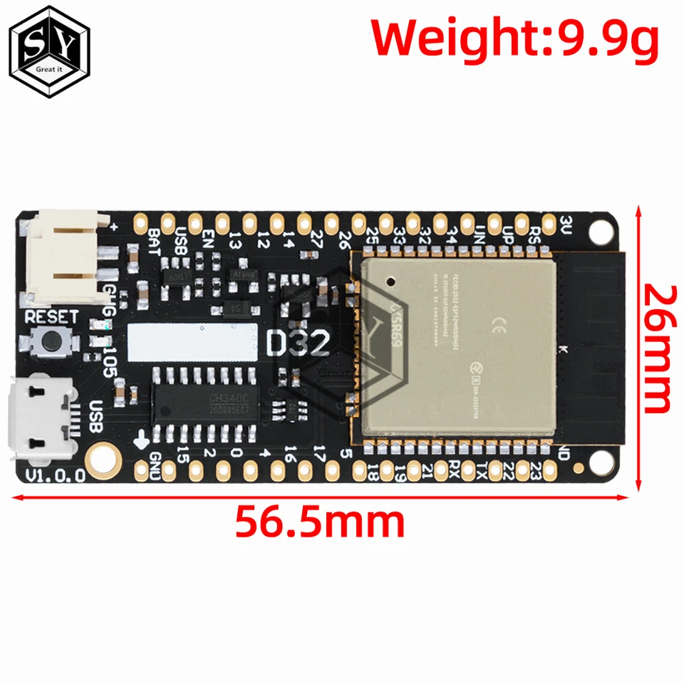 Microcontroller-kaart LOLIN32 met ESP32 240 MHz dual-core, WLAN